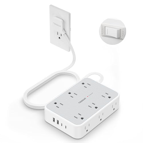 TESSAN Surge Protector Power Strip, 10FT Flat Extension Cord with Multiple Outlets, 12 Outlet Extender with 4 USB (2 USB-C), Flat Plug Power Strip, 1800J Surge Protection, Office, Dorm Essentials - size: 10 FT