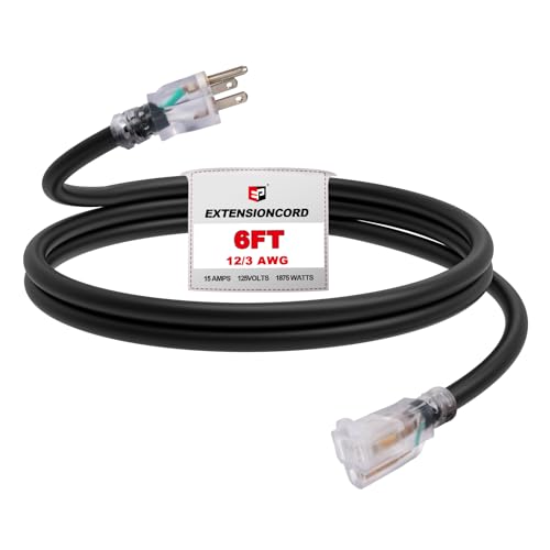 EP 6 Ft Outdoor Extension Cord, 12/3 SJTW Heavy Duty Waterproof Power Cable, 3 Prong Grounded Plug, Lighted End, for Lawn, Garden, Appliances, Black - color: Black, size: 6ft