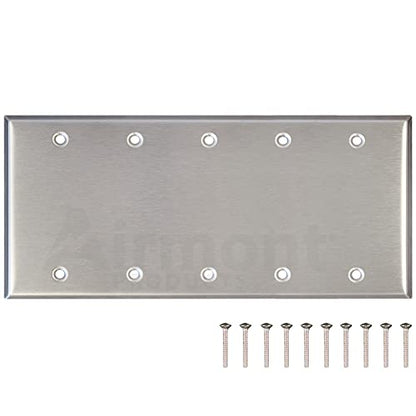 Stainless Steel Blank Wall Plate, 5 Gang Standard Size 4.50'' x 10'' Corrosion and Heat Resistant, Unbreakable Metal, Silver, Cover Unused Electrical Sockets or Switch Holes - size: 5 Gang
