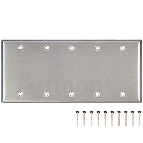 Stainless Steel Blank Wall Plate, 5 Gang Standard Size 4.50'' x 10'' Corrosion and Heat Resistant, Unbreakable Metal, Silver, Cover Unused Electrical Sockets or Switch Holes - size: 5 Gang