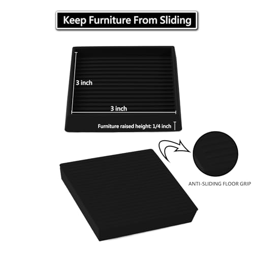 3x3 Square Rubber Furniture Caster Cups, Anti-Sliding Furniture Pads Bed Stopper Floor Protectors with Grip - Protect Any Flooring - size: 4 Pcs Black