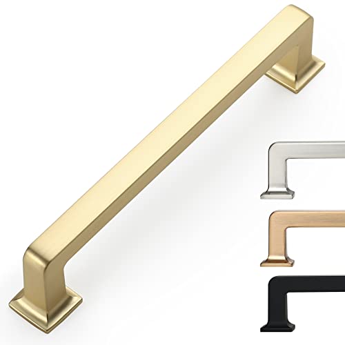 9BUILD 6 Pack 5 Inch Brushed Brass Cabinet Handles - Gold Kitchen Hardware Pulls for Cabinets and Cupboards - color: Brushed Brass, size: 5"/128MM Hole Center, style: 6 Pack