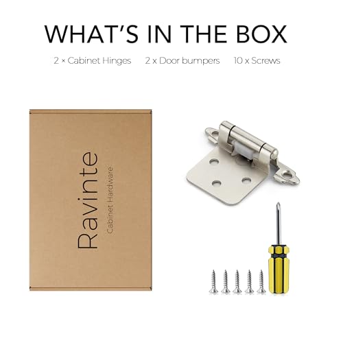 Ravinte 2 Pack 1 Pairs 1/2 Inch Overlay Cabinet Door Hinges Kitchen Satin Nickel Semi-Concealed Face Mount Self-Closing Cabinet Hinges with Bumpers & Screwdriver - size: 1/2 inch Overlay