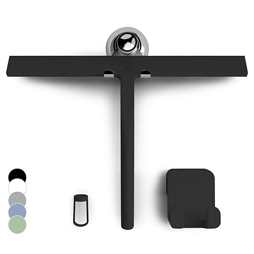 GÜTEWERK Silicone Shower Squeegee for Glass Doors & Mirrors with Stainless Steel Core, Streak-Free & No-Squeak Window Cleaning, 3-in-1 No-Drill Mount (Hook/Suction/Adhesive),Black, 13 Inches - color: Black, size: 13 Inches