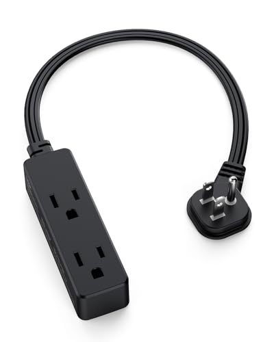 Flat Plug Extension Cord with 3 Outlets - 1Ft Low Profile Indoor 3 Prong Grounded Power Strip for Home Office & Travel - 16 AWG 13A/1625W, Black - color: BLACK, size: 1 Feet