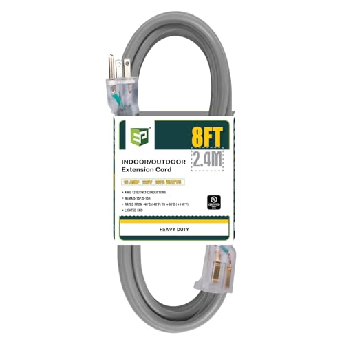 EP 8 Ft Lighted Outdoor Extension Cord - 12/3 SJTW Heavy Duty Grey Extension Cable with 3 Prong Grounded Plug - Power Cord for Lawn, Garden, Appliances - color: Grey, size: 8ft