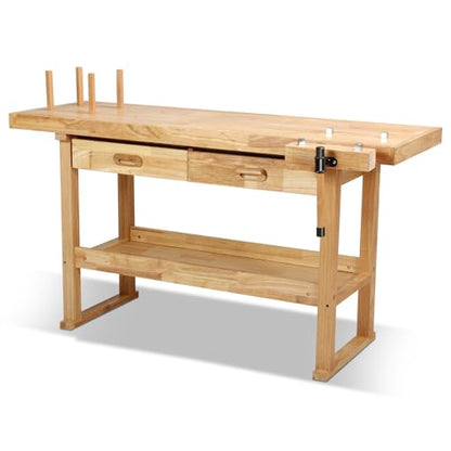 Magshion 60" Rubber Hardwood Work Bench, 500Lbs Load Capacity Heavy Duty Woodworking Table with Solid Oak Vise and Removable Stop Block, Workbench for Garage, Workshop, Home Storage (Natural)