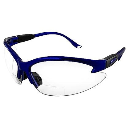 Global Vision Contender Bifocal Safety Glasses Blue Frame Clear Lens ANSI Z87+ for Men and Women Magnifying Reader 1.0 to 2.5 - size: 2.00