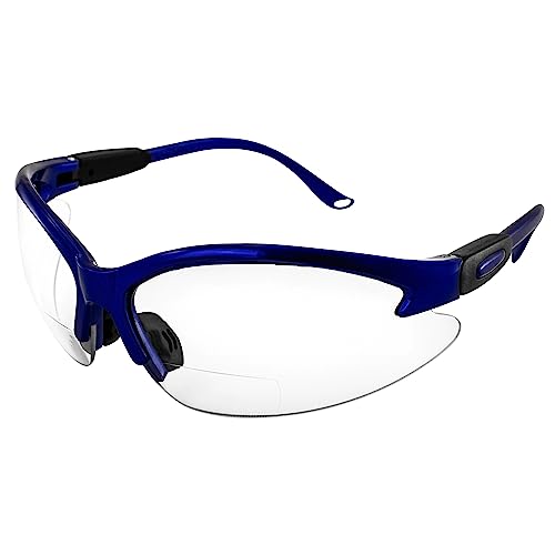 Global Vision Contender Bifocal Safety Glasses Blue Frame Clear Lens ANSI Z87+ for Men and Women Magnifying Reader 1.0 to 2.5 - size: 1.00