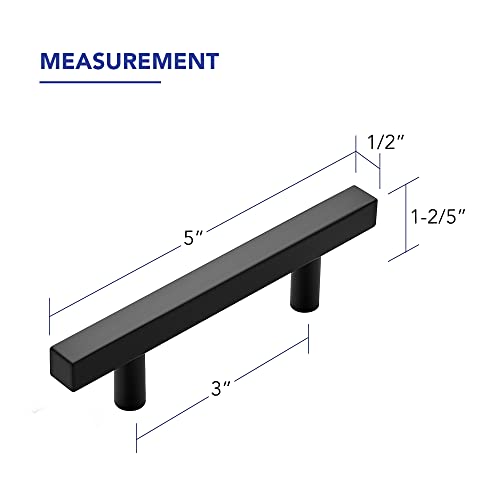 10 Pack Matte Black Cabinet Handles with 3 Inch (76 mm) Hole Center, Square Kitchen Hardware for Cabinets & Drawers, Stainless Steel Pulls, 5 Inch Overall Length - color: Matte Black Square T-Shaped, size: 3" Hole Center
