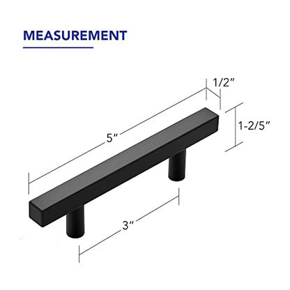 10 Pack Matte Black Cabinet Handles with 3 Inch (76 mm) Hole Center, Square Kitchen Hardware for Cabinets & Drawers, Stainless Steel Pulls, 5 Inch Overall Length - color: Matte Black Square T-Shaped, size: 3" Hole Center