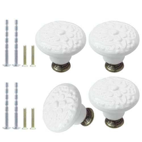 4pcs White Ceramic Cabinet Knobs and Pulls - Retro Dresser and Closet Drawer Handles - Cupboard and Furniture Door Knobs - color: White, size: 4pcs-1.3 Inch