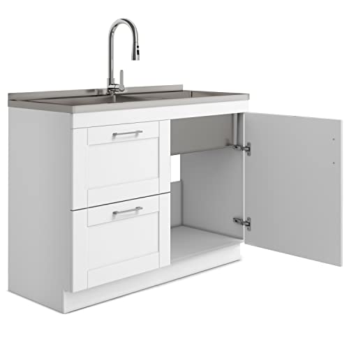 SIMPLIHOME Modern Wide Shaker All-in-One 46 inch Wide Utility Sink and Laundry Cabinet in Pure White Finish, Transitional Stainless Steel Sink Cabinet for Laundry Rooms with High-Arch Chrome Faucet - color: White, size: 46 inch