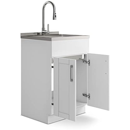 SIMPLIHOME Modern Wide Shaker All-in-One 24 inch Wide Utility Sink and Laundry Cabinet in Pure White Finish, Transitional Stainless Steel Sink Cabinet for Laundry Rooms with High-Arch Chrome Faucet - color: White, size: 24 Inch