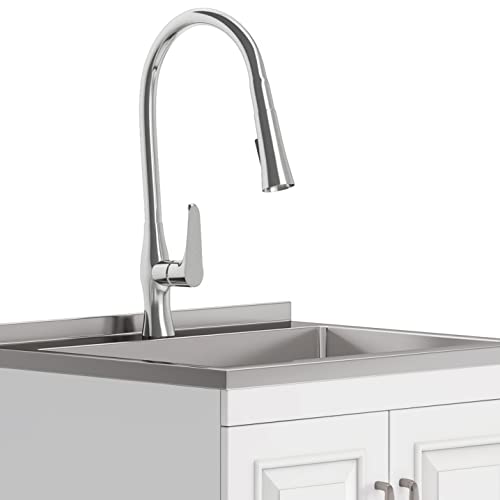 SIMPLIHOME Darwin All-in-One 24 inch Wide Utility Sink and Laundry Cabinet in Pure White Finish, Transitional Stainless Steel Sink Cabinet for Laundry Rooms with High-Arch Chrome Faucet and Storage - size: 24 Inch, style: Stainless Steel Sink