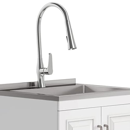 SIMPLIHOME Darwin All-in-One 24 inch Wide Utility Sink and Laundry Cabinet in Pure White Finish, Transitional Stainless Steel Sink Cabinet for Laundry Rooms with High-Arch Chrome Faucet and Storage - size: 24 Inch, style: Stainless Steel Sink