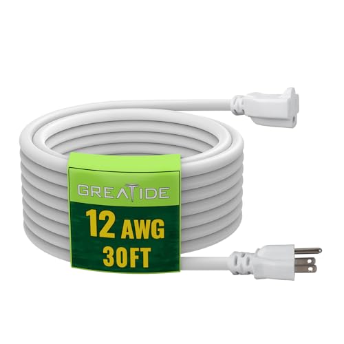 30 Ft Outdoor Extension Cord - 12/3 SJTW Heavy Duty White Extension Cable with 3 Prong Grounded Plug - Power Cord for Lawn, Garden, Appliances - color: White, size: 30 FT