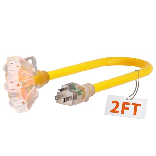 PlugSaf 2 FT 12/3 Gauge Outdoor Extension Cord with Multiple Outlets Light Indicator, Flexible 3 Outlet Heavy Duty Extension Cord Waterproof Yellow, 15A 1875W 12AWG SJTW, ETL Listed - size: 2FT-1pc