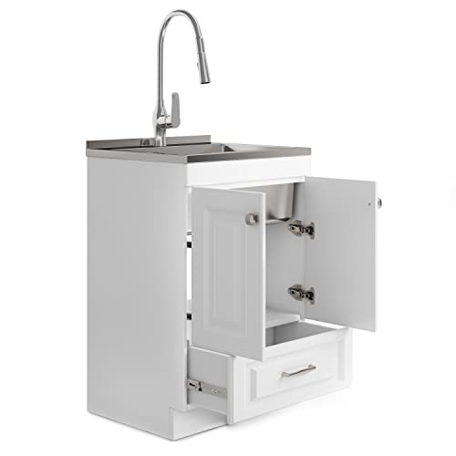 SIMPLIHOME Lawrence All-in-One 24 inch Wide Utility Sink and Laundry Cabinet in Pure White Finish, Transitional Stainless Steel Sink Cabinet for Laundry Rooms with High-Arch Brushed Nickel Faucet - size: 24 inch
