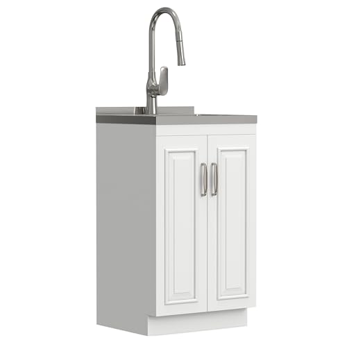 SIMPLIHOME Darwin All-in-One 20 inch Wide Utility Sink and Laundry Cabinet in Pure White Finish, Transitional Stainless Steel Sink Cabinet for Laundry Rooms with High-Arch Chrome Faucet and Storage - size: 20 Inch, style: Stainless Steel Sink