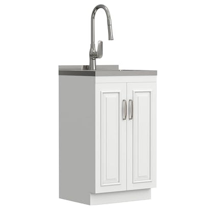 SIMPLIHOME Darwin All-in-One 20 inch Wide Utility Sink and Laundry Cabinet in Pure White Finish, Transitional Stainless Steel Sink Cabinet for Laundry Rooms with High-Arch Chrome Faucet and Storage - size: 20 Inch, style: Stainless Steel Sink
