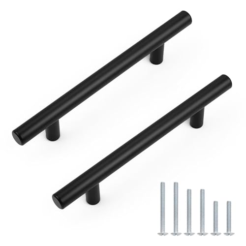 Probrico 5 Pack Hole Centers (102mm) 4inch Matte Black Cabinet Handles,Hollow Stainless Steel Dresser Drawer Pulls,Euro Pull Handle for Kitchen Cabinets 6.25inch Length - size: Center to Center: 4 inch