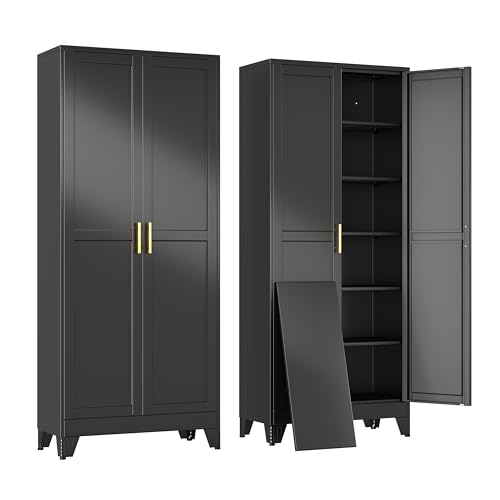 erosoei 75" H Metal Garage Storage Cabinet, Black Metal Pantry Cabinet with 2 Doors, Locker Steel Cabinet with 5 Adjustable Shelves, Freestanding Cupboard for Garage,Office,Home,Gym,School - color: Black, size: 75"No wheels, no locks