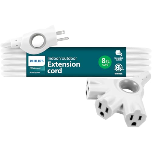 Philips EZGrip Outdoor Extension Cord with Multiple Outlets, Grounded 3 Prong Cord, Short Extension Cord Indoor with Multiple Outlets, Heavy Duty Extension Cord, 8 Ft, 16 AWG, Whitw, SPC3183EZT1/37 - color: White, size: 8 Ft, style: 3-Outlet