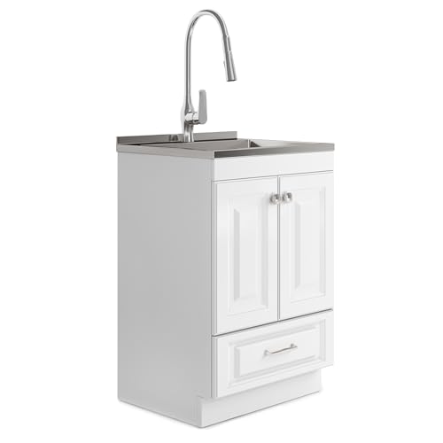 SIMPLIHOME Lawrence All-in-One 24 inch Wide Utility Sink and Laundry Cabinet in Pure White Finish, Transitional Stainless Steel Sink Cabinet for Laundry Rooms with High-Arch Brushed Nickel Faucet - size: 24 inch