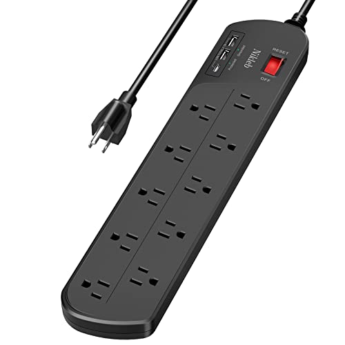 Extension Cord with Multiple Outlets, Surge Protector Power Strip with USB, 6ft Power Cord, 10 Wide Outlets, 2 USB+1 USB C Fast Charging Ports, Wall Mount, Heavy Duty, Home, Office Accessories - color: long black power strip