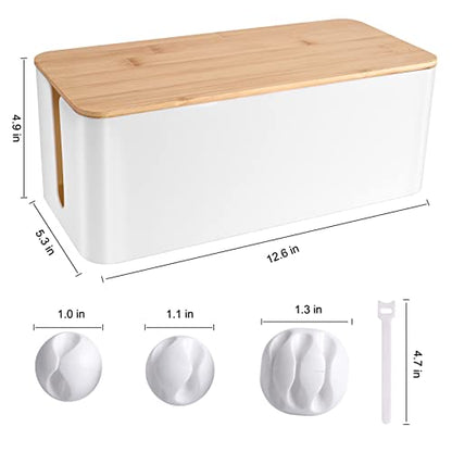 Cable Management Box - Wooden Style Cord Organizer Box to Hide Wires & Power Strips | Desk Computer Cable Organizer Box | Safe ABS Material | 12.6" (L) x 5.3" (W) 4.9" (H) | for Home & Office - White - size: Medium