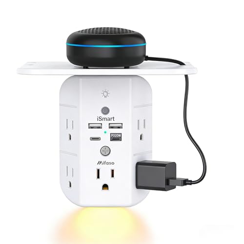PD20W Wall Outlet Extender with Shelf & Night Light – 5 AC Outlets, 2 USB-A, 2 USB-C, 3-Sided Wide-Space Design, Surge Protector, Multi-Plug Outlet Splitter – Ideal for Home Office, College Dorm, RV - size: 2a2c&pd 20w