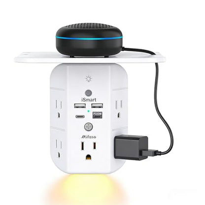PD20W Wall Outlet Extender with Shelf & Night Light – 5 AC Outlets, 2 USB-A, 2 USB-C, 3-Sided Wide-Space Design, Surge Protector, Multi-Plug Outlet Splitter – Ideal for Home Office, College Dorm, RV - size: 2a2c&pd 20w