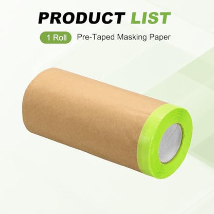 HARFINGTON Pre-Taped Masking Paper, 12" x 49 ft Paint Adhesive Protective Paper Painter Tape and Drape for Masking Auto Body Covering Wall Skirting Frames, Green - color: Green, size: 12 IN x 49 FT