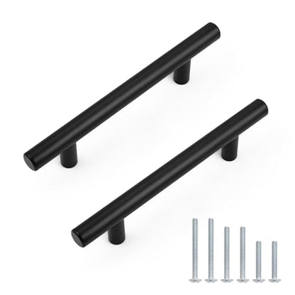 Probrico 5Pack Hole Centers 3-3/4inch Matte Black Kitchen Cabinets Pulls, Stainless Steel Dresser Drawer Handles, Modern T Bar 6inch Length Pull Handle for Closet - size: Center to Center: 3-3/4 inch