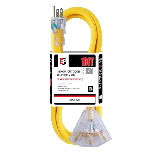 EP 10 Ft 12 Gauge Heavy Duty Extension Cord, 15A 125V 1875W, 3 Outlet Indoor/Outdoor Power Cord with Lighted End, 12/3 SJTW Weatherproof Yellow - color: Yellow, size: 10FT