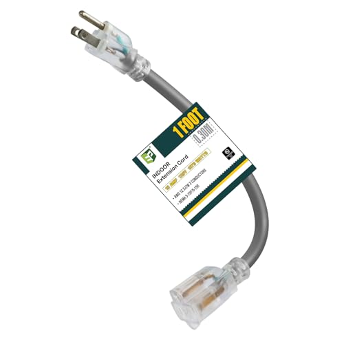 EP 1 Ft Lighted Extension Cord - 12/3 SJTW Heavy Duty Grey Extension Cable with 3 Prong Grounded Plug - Power Cord for Lawn, Garden, Appliances - color: Grey, size: 1ft
