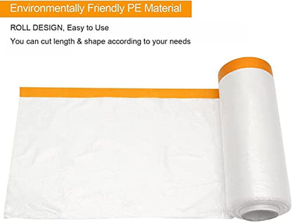 Pre-Taped Masking Film 13ft x 130ft Painters Plastic Sheeting Roll, Clear Plastic Sheeting Cover Plastics Drop Cloths for Painting, Automotive Appliance (2 Rolls, 65ft Per Roll)
