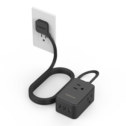 Flat Black Extension Cord, TESSAN Ultra Thin Power Strip with 3 USB Wall Charger (1 USB C), 3 Outlets Small Charging Station, 5 ft Slim Plug for Cruise Travel Office School Dorm Room Essentials - color: Black, size: 5 FT (3 USB Ports)