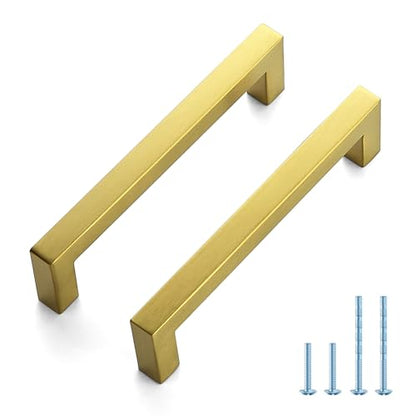 JOY DECOR 2 Pack Cabinet Handles, Gold Cabinet Pulls, 5 Inch Kitchen Handles Square Drawer Pulls Stainless Steel Drawer Hardware Handles, 128mm Hole Centers - size: 5 Inch Hole Center