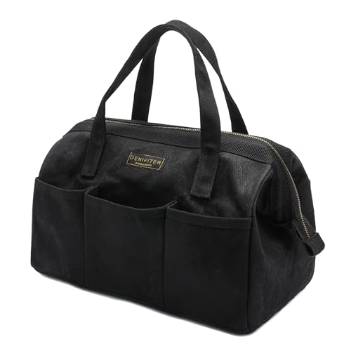 Tool Bag with Zipper, Heavy Duty 16oz Waxed Canvas Wide Mouth Tool Tote Bag, 13-inch Muti-Purpose Storage Tool Pouch with Side Pockets - color: Black_13IN, size: 13 Inch