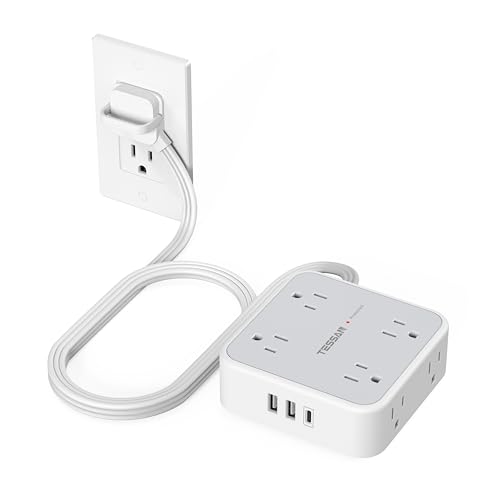 TESSAN Surge Protector Power Strip, 5 Ft Flat Plug Extension Cord with 3 USB (1 USB C) 8 Outlets, 1250W, 900J Protection, 3 Sided Outlet Extender with Ring Plug for Office, Dorm Room, Grey - color: Grey with Ring Plug, size: 5 Feet