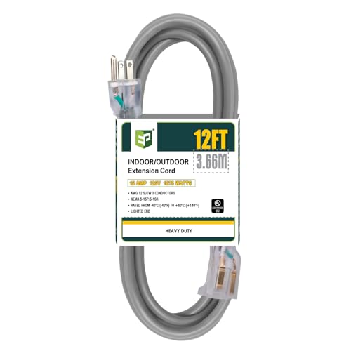 EP 12 Ft Lighted Outdoor Extension Cord - 12/3 SJTW Heavy Duty Grey Extension Cable with 3 Prong Grounded Plug - Power Cord for Lawn, Garden, Appliances - color: Grey, size: 12ft
