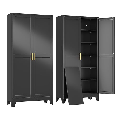 erosoei 75" H Large Metal Garage Storage Cabinet, Black Metal Pantry Cabinet with 2 Doors, Locker Steel Cabinet with 5 Adjustable Shelves, Freestanding Cupboard for Garage,Office,Home,Gym,School - color: Black, size: 75"Large No wheels, no locks