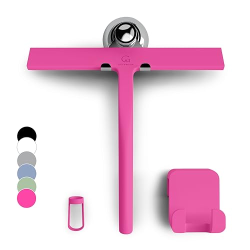 GÜTEWERK Silicone Shower Squeegee for Glass Doors & Mirrors with Stainless Steel Core, Streak-Free & No-Squeak Window Cleaning, 3-in-1 No-Drill Mount (Hook/Suction/Adhesive),Pink, 11 Inches - color: Pink, size: 11 Inches