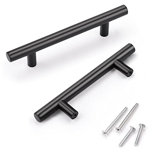 KNOBWELL 6 Pack 3-1/2" Black Kitchen Cabinet Handles, Euro Style Stainless Steel Cabinet Dresser Drawer Handles Matte Black, Overall Length 5-2/5 Inch - color: Black, size: 3 1/2inch(90mm)