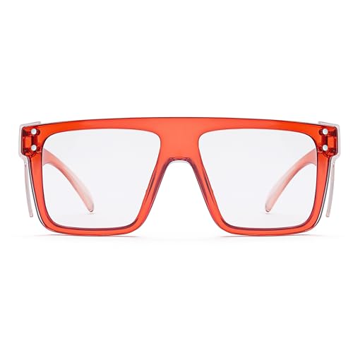 ANSI Z87 Safety Glasses, Photochromic UV400 Blue Light Blocking, Impact Resistant Work Glasses for Construction - color: Clear Red