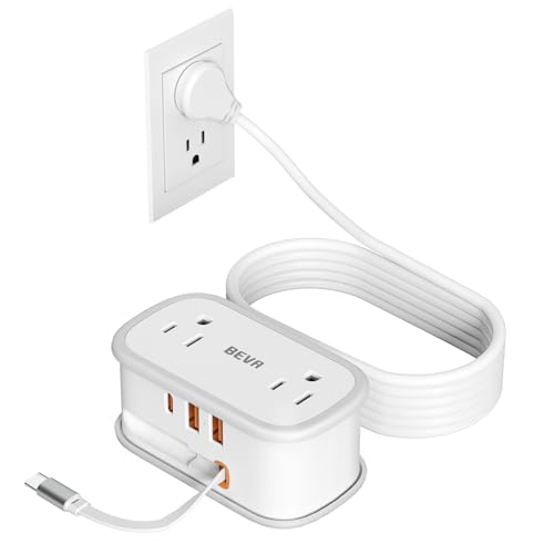 BEVA Travel Power Strip, Flat Plug Power Strip with Retractable USB C Cable, 5 FT Short Extension Cord with 2 AC Outlets 3 USB Ports(1 USB C), Small Portable Travel Accessories, Cruise Ship Essentials - color: White