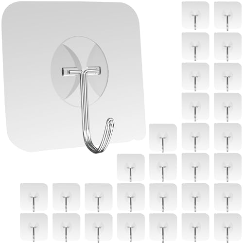 Latoxcaa Heavy Duty Adhesive Wall Hooks - Strong & Transparent, Hold up to 22lb, Waterproof & Reusable, Ideal for Kitchen, Bathroom, and Office (30 Pack) - size: 30 Medium Hooks