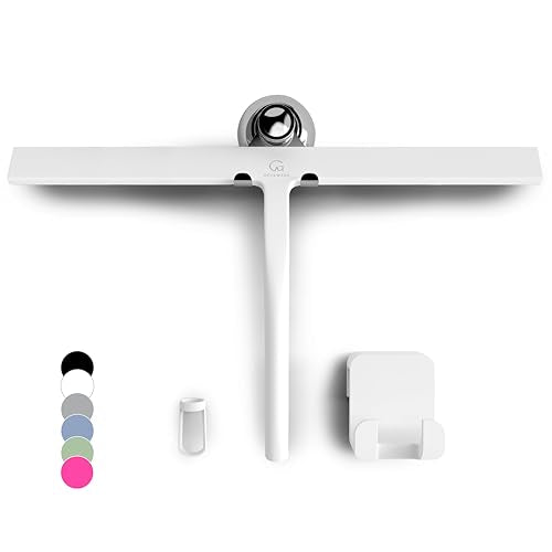 GÜTEWERK Silicone Shower Squeegee for Glass Doors & Mirrors with Stainless Steel Core, Streak-Free & No-Squeak Window Cleaning, 3-in-1 No-Drill Mount (Hook/Suction/Adhesive),White, 15 Inches - color: White, size: 15 Inches